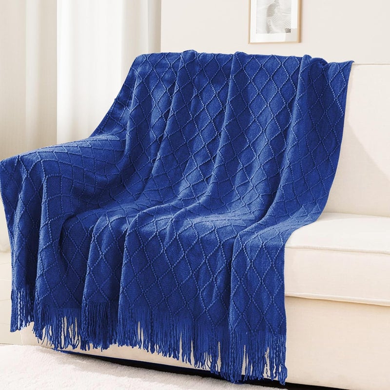 inhand Knit Klein Blue Throw Blanket for Couch, Soft Living Room Home Decor Knitted Twin Size Blanket, Outdoor Lightweight Breathable Summer Blanket, Farmhouse Warm Woven Decorative, 60"x80" - Image 1