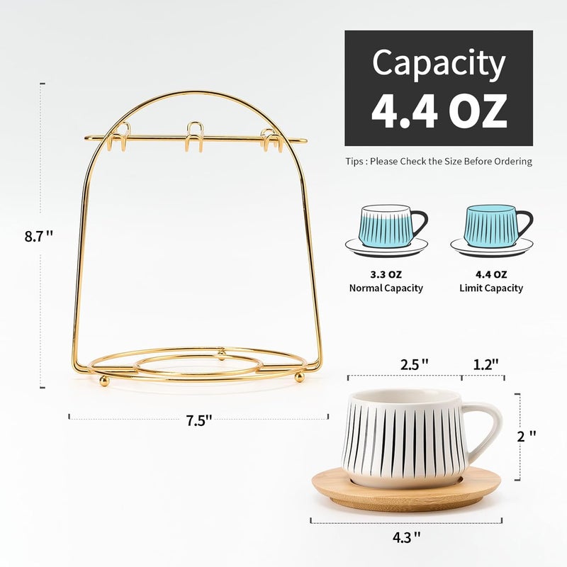LUKA Ceramic Coffee Espresso Cups with Saucers Set with Metal Holder 4 oz Porcelain Demitasse Cups For Tea Espresso Latte Coffee Cafe Mocha Set of 6 White - Image 2