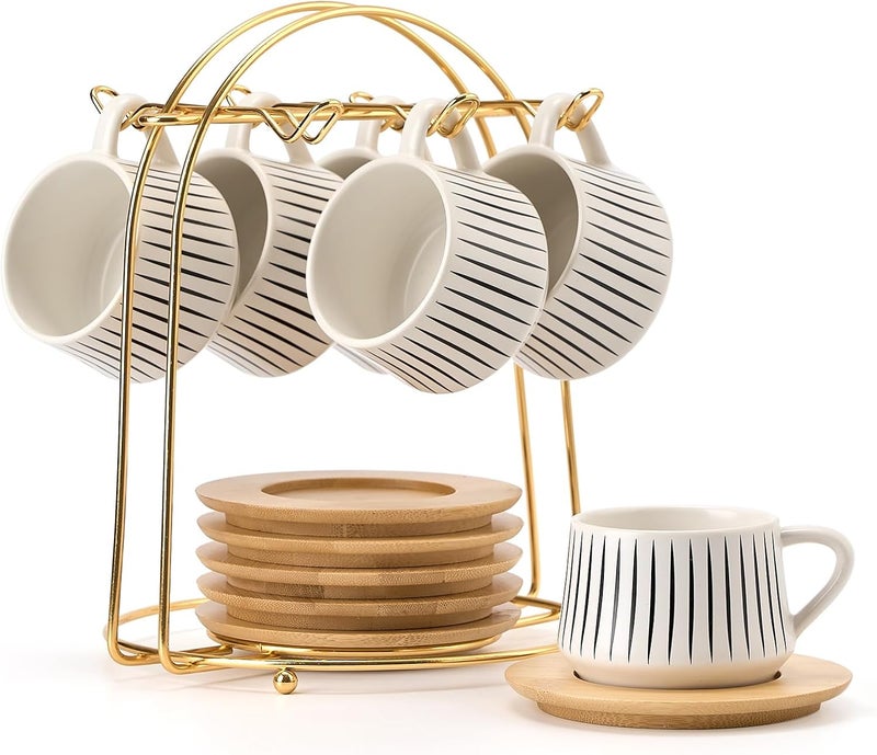 LUKA Ceramic Coffee Espresso Cups with Saucers Set with Metal Holder 4 oz Porcelain Demitasse Cups For Tea Espresso Latte Coffee Cafe Mocha Set of 6 White - Image 1