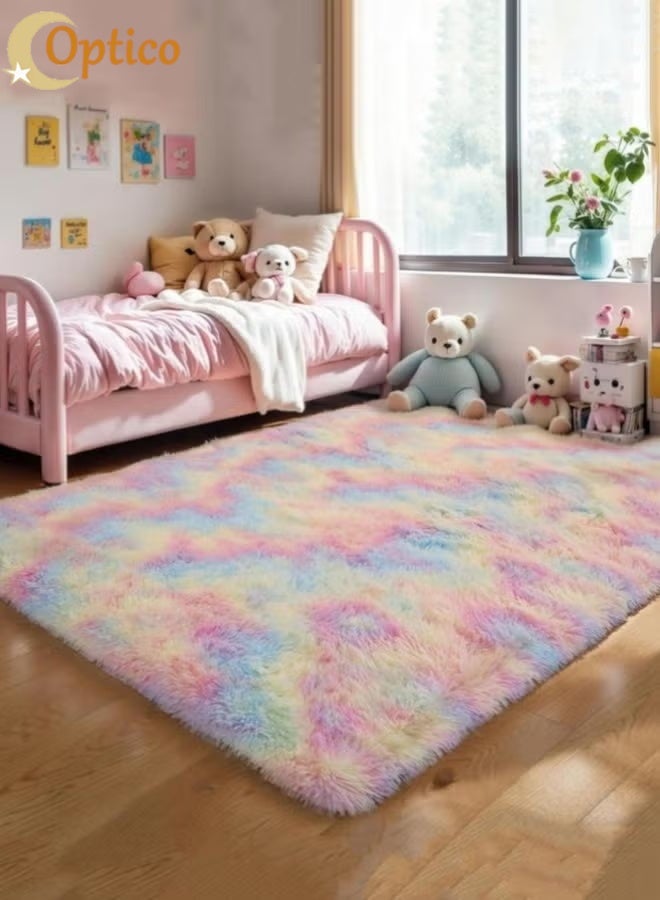 Optico Fluffy Rugs for Girls Bedroom Plush Furry Rug Ultra Soft Fluffy Area Rugs Anti Slip Plush Carpets High Pile Tie Dye Rugs for Living Room Bedroom Kids Room Kawaii Princess Rug - Image 1