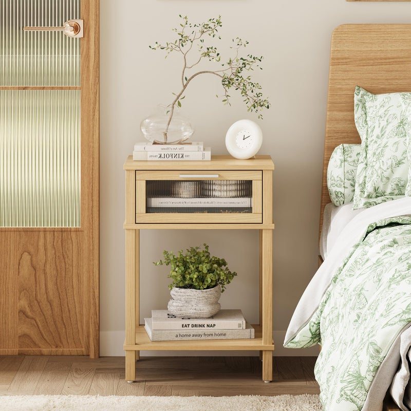MMEOLUOOK Nightstand Wooden Bedside Table with Drawer Natural Wood Night Stands Modern Style Small End Table Side Table with Storage Shelf for Bedroom Living Room MLBZ10YEV - Image 2