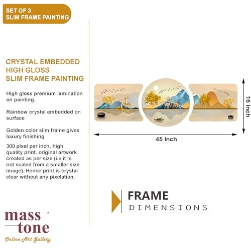 Masstone Crystal Embedded High Gloss Mirror Finished Surface Golden Slim Frame with Hook, 45x16 Inch Large Size, Pack of 3 Panel Painting, For Home/Office/Hotel (1645-22987) - Image 3