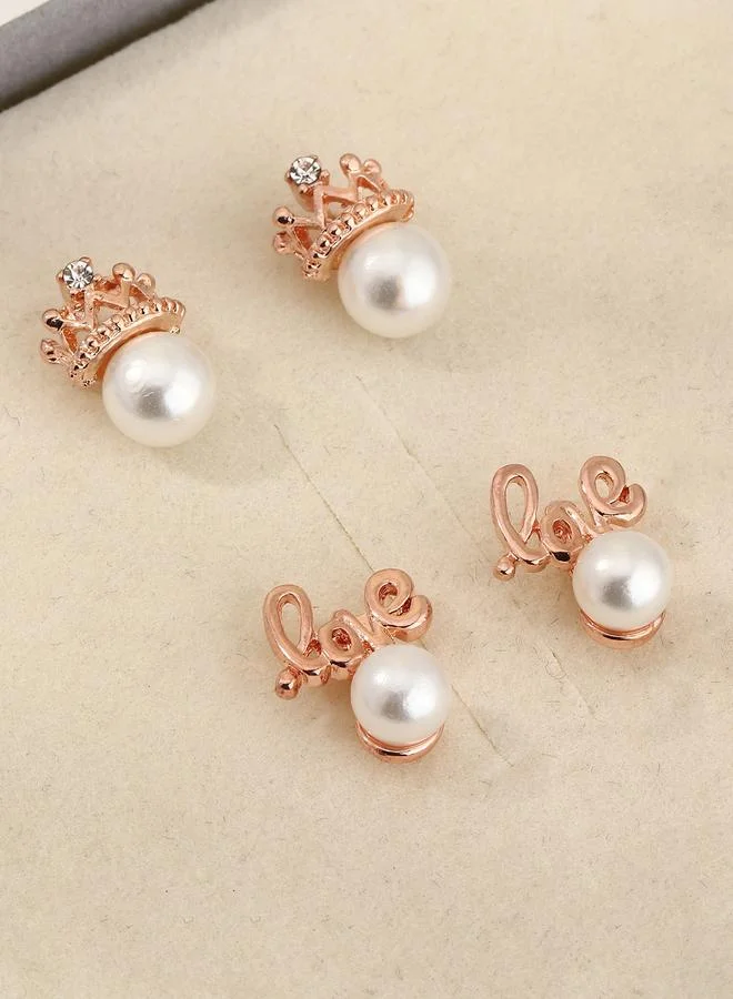 Girls Set of 2 - Faux Pearl Crown Stud Earrings