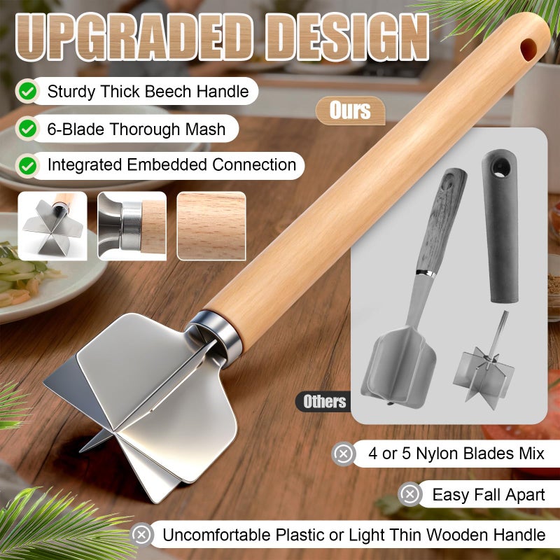 Lignumix 304 Stainless Steel Meat Chopper,Food Grade 6-Blade Ground Beef Chopper Potato Masher Hamburger Smasher Tool for Kitchen Cooking Vegetable Puree 11'' - Image 2