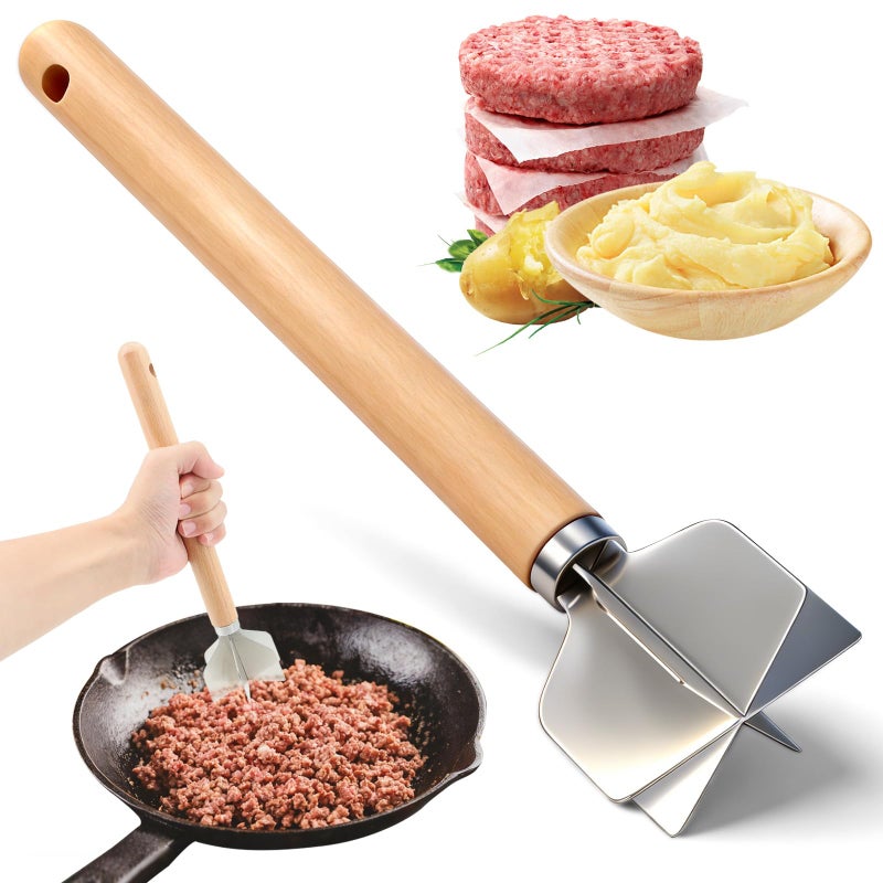 Lignumix 304 Stainless Steel Meat Chopper,Food Grade 6-Blade Ground Beef Chopper Potato Masher Hamburger Smasher Tool for Kitchen Cooking Vegetable Puree 11'' - Image 1