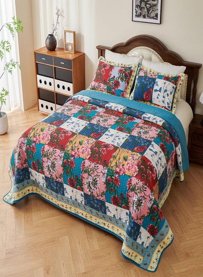 EVENHUG 100% Cotton Queen Size Quilt Bedding Set with Pillow Shams Full Lightweight Soft Bedspread Coverlet Reversible Floral Bed Cover for All Season 3 Pieces (Pink&Blue, 92"X96") - Image 4