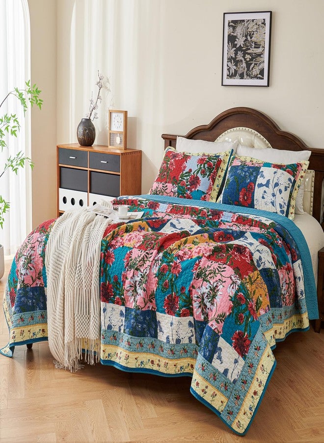 EVENHUG 100% Cotton Queen Size Quilt Bedding Set with Pillow Shams Full Lightweight Soft Bedspread Coverlet Reversible Floral Bed Cover for All Season 3 Pieces (Pink&Blue, 92"X96") - Image 2
