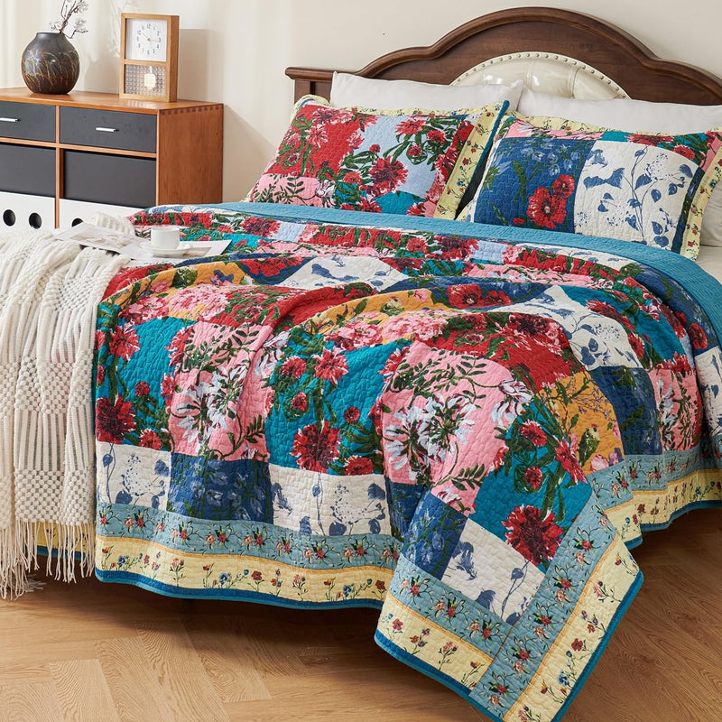 EVENHUG 100% Cotton Queen Size Quilt Bedding Set with Pillow Shams Full Lightweight Soft Bedspread Coverlet Reversible Floral Bed Cover for All Season 3 Pieces (Pink&Blue, 92"X96") - Image 1