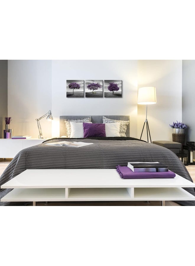 Pyradecor 3 Piece Purple Trees Modern Stretched and Framed Landscape Artwork Giclee Canvas Prints - Image 2