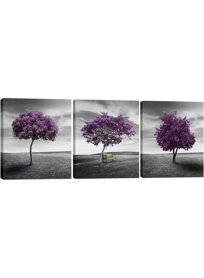 Pyradecor 3 Piece Purple Trees Modern Stretched and Framed Landscape Artwork Giclee Canvas Prints - Image 1
