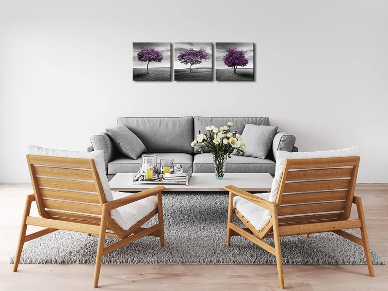 Pyradecor 3 Piece Purple Trees Modern Stretched and Framed Landscape Artwork Giclee Canvas Prints - Image 4