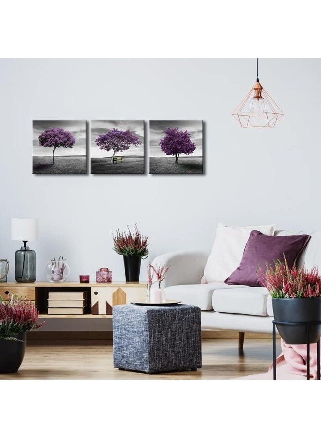 Pyradecor 3 Piece Purple Trees Modern Stretched and Framed Landscape Artwork Giclee Canvas Prints - Image 5