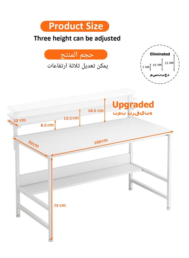 WEMART gaming table,Computer Table,Gaming Desk,Office Desk Home Desk Student Writing Study Table Study Desk with 3-position Height-Adjustable Monitor Stand,Versatile office 100*65 (White) - Image 2