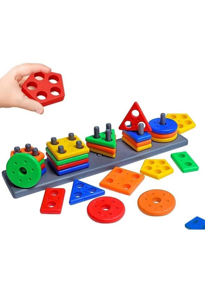 Sky Tech Sky Tech® Plastic Geometric Blocks, Sorting & Stacking Toys for Toddlers and Kids Preschool, Color Stacker Shape Sorter Gift Educational Learning Toy for 3 Years Old Boys and Girls  - Image 1