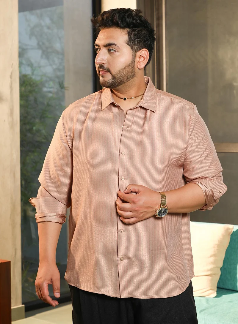 Instafab Plus Instafab Plus Men's Ash Brown Seersucker Shirt For Casual Wear | Spread Collar | Long Cuffed Sleeves | Button Closure | Plus Size Shirt Crafted With Comfort Fit For Everyday Wear