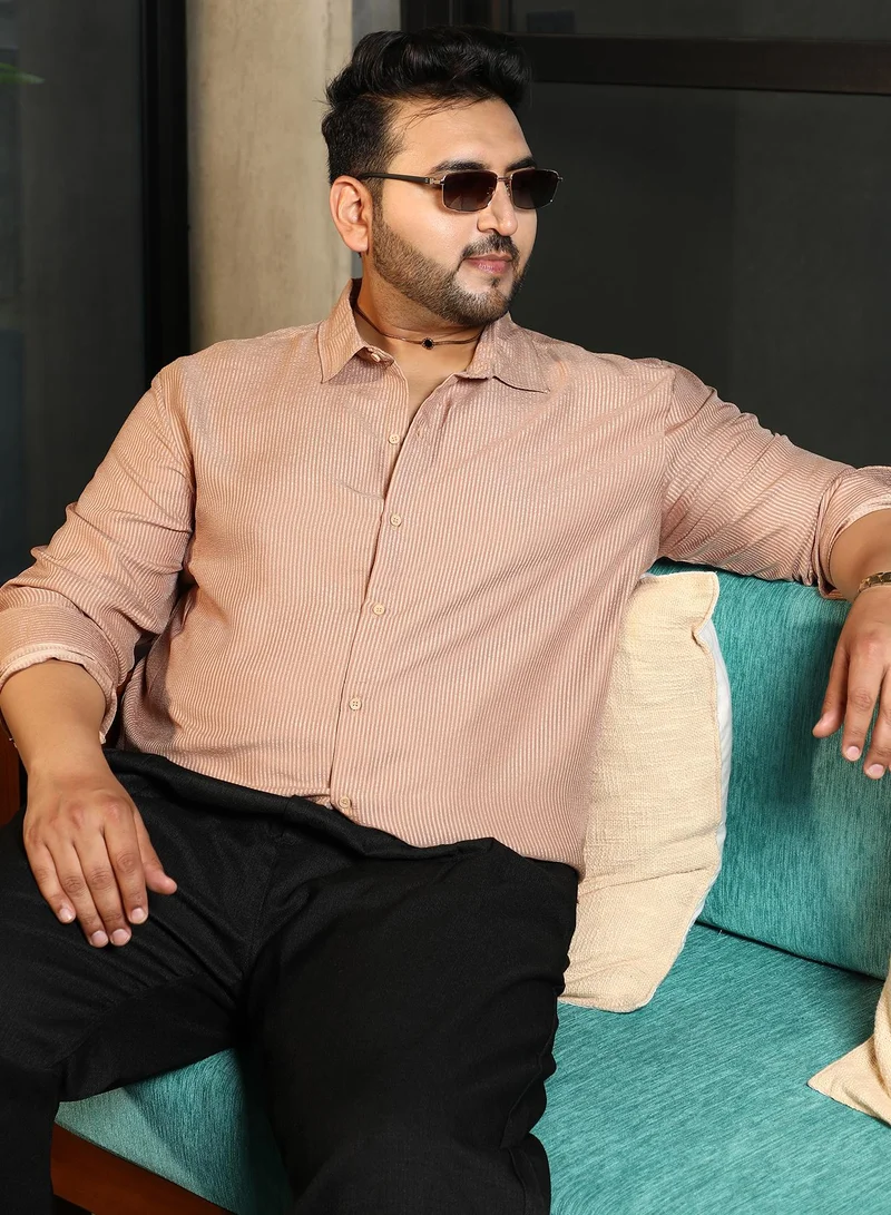 Instafab Plus Instafab Plus Men's Ash Brown Seersucker Shirt For Casual Wear | Spread Collar | Long Cuffed Sleeves | Button Closure | Plus Size Shirt Crafted With Comfort Fit For Everyday Wear