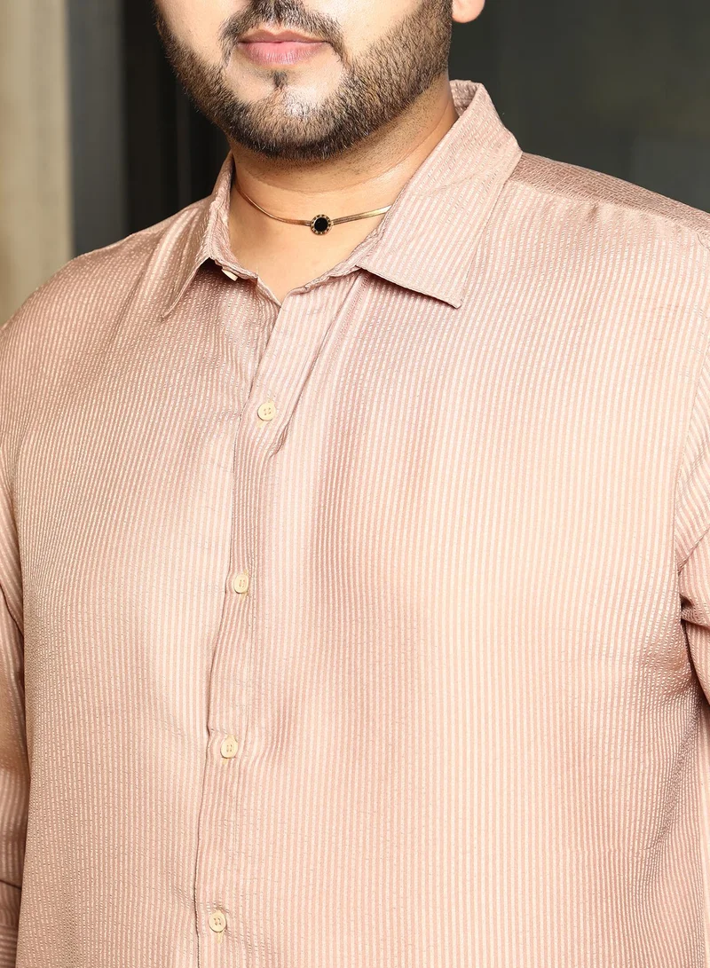 Instafab Plus  Instafab Plus Men's Ash Brown Seersucker Shirt For Casual Wear | Spread Collar | Long Cuffed Sleeves | Button Closure | Plus Size Shirt Crafted With Comfort Fit For Everyday Wear for Men | Best Price UAE