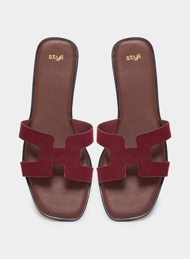 Styli Burgundy Flat Sandals - Image 5