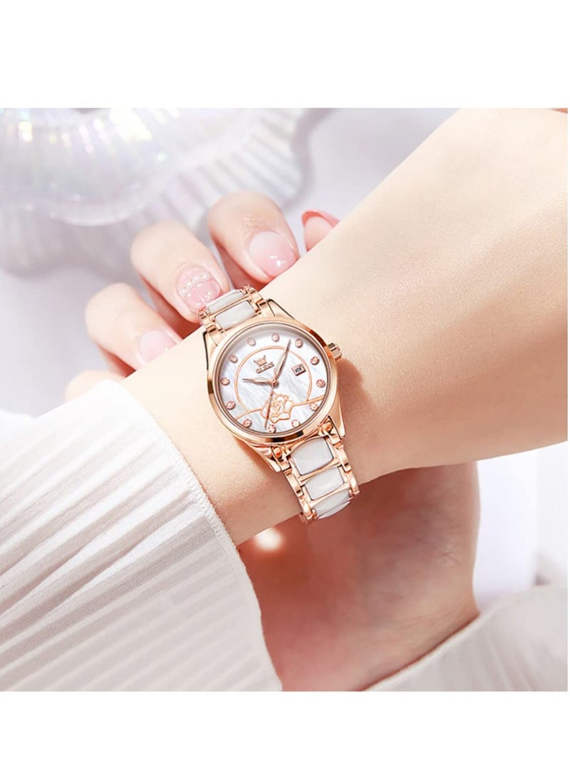 أوليفز ساعة  للسيدات باللون الذهبي الوردي والسيراميك بتصميم أنيق أنيق وفاخر 3ATM تاريخ مقاوم للماء ساعة كوارتز خضراء مضيئة - Image 2