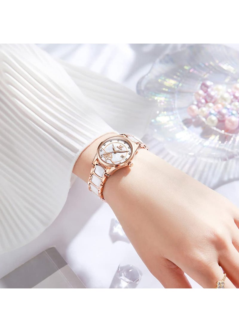 أوليفز ساعة  للسيدات باللون الذهبي الوردي والسيراميك بتصميم أنيق أنيق وفاخر 3ATM تاريخ مقاوم للماء ساعة كوارتز خضراء مضيئة - Image 3