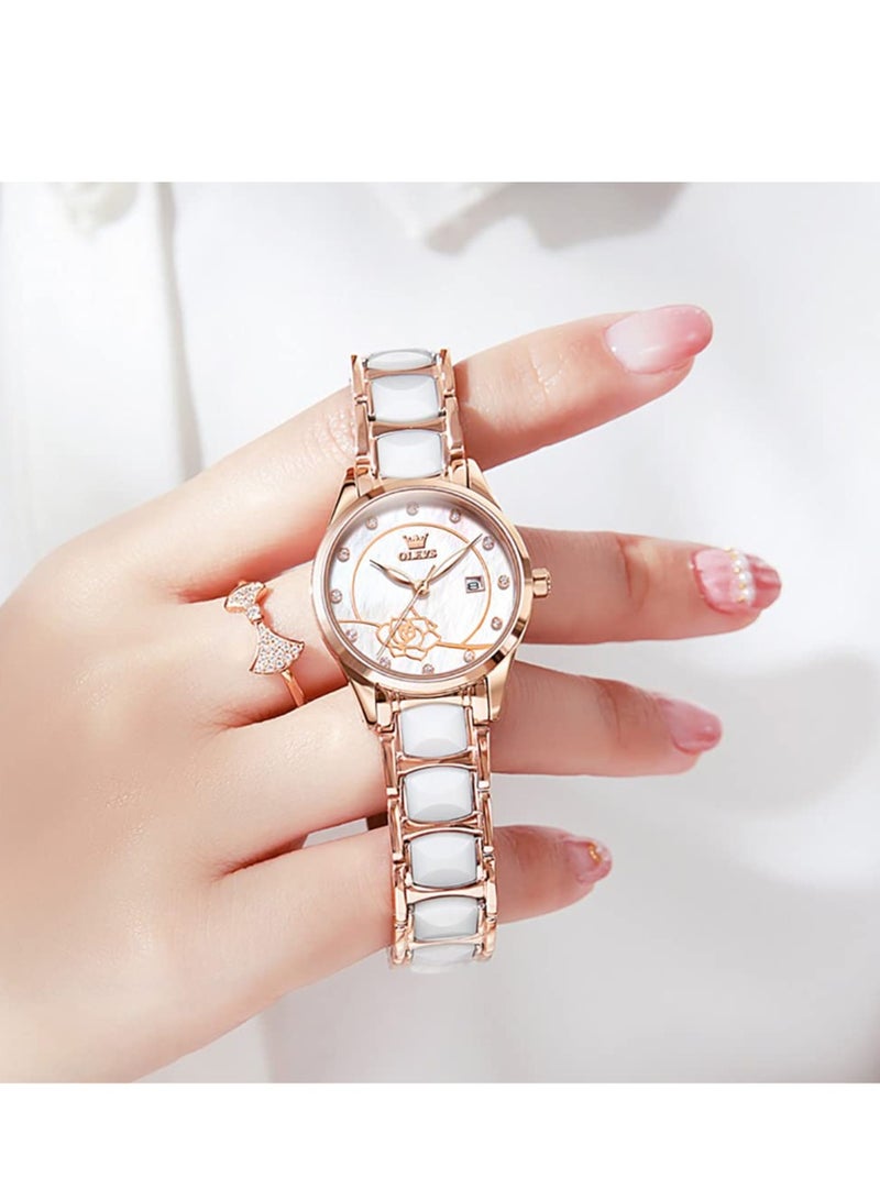 أوليفز ساعة  للسيدات باللون الذهبي الوردي والسيراميك بتصميم أنيق أنيق وفاخر 3ATM تاريخ مقاوم للماء ساعة كوارتز خضراء مضيئة - Image 4