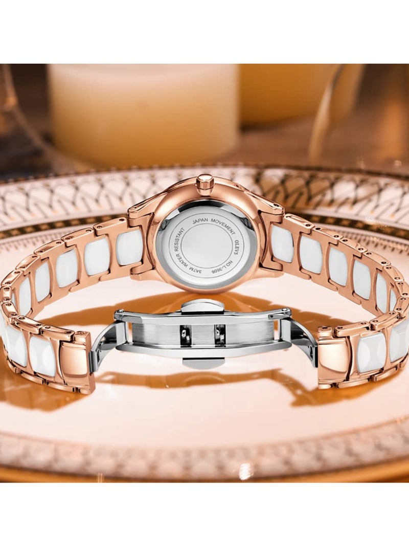 أوليفز ساعة  للسيدات باللون الذهبي الوردي والسيراميك بتصميم أنيق أنيق وفاخر 3ATM تاريخ مقاوم للماء ساعة كوارتز خضراء مضيئة - Image 5