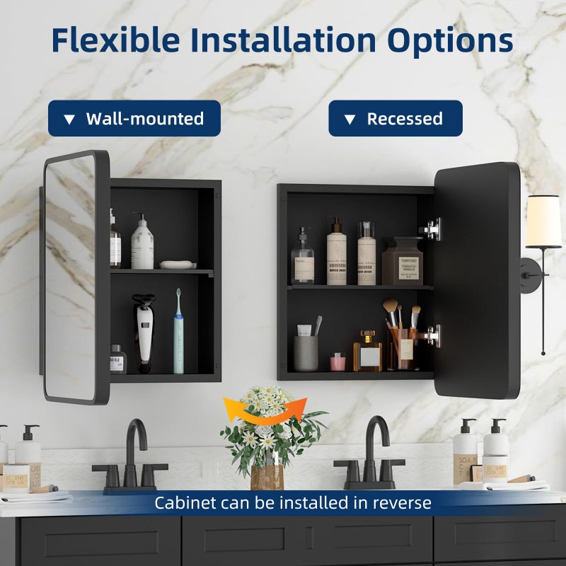 YTSMIR Medicine Cabinet with Mirror, 14x18 Inch Black Bathroom Mirrored Cabinet, Metal Framed Wall Cabinet with Beveled Mirror, Modern Surface Mount or Recessed Medicine Cabinet with Storage - Image 4
