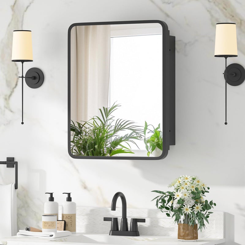 YTSMIR Medicine Cabinet with Mirror, 14x18 Inch Black Bathroom Mirrored Cabinet, Metal Framed Wall Cabinet with Beveled Mirror, Modern Surface Mount or Recessed Medicine Cabinet with Storage - Image 1