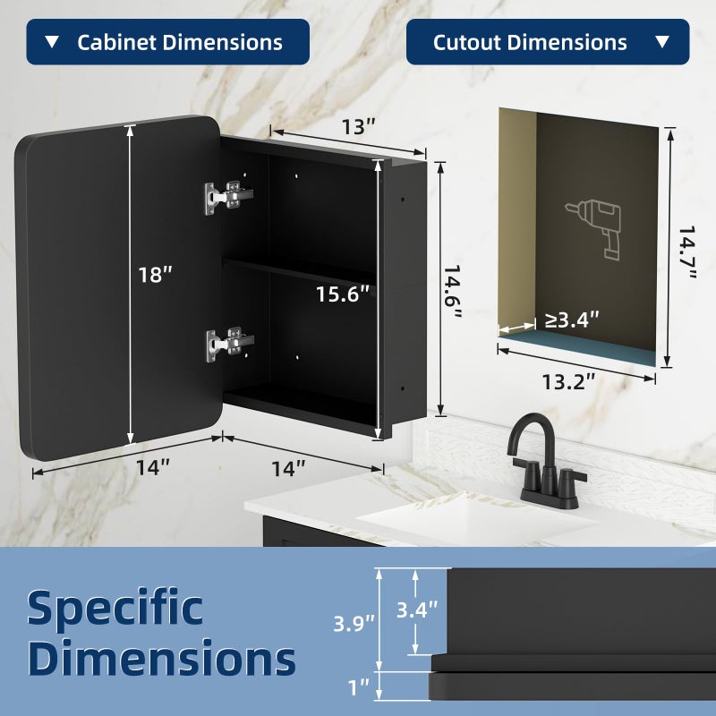 YTSMIR Medicine Cabinet with Mirror, 14x18 Inch Black Bathroom Mirrored Cabinet, Metal Framed Wall Cabinet with Beveled Mirror, Modern Surface Mount or Recessed Medicine Cabinet with Storage - Image 3
