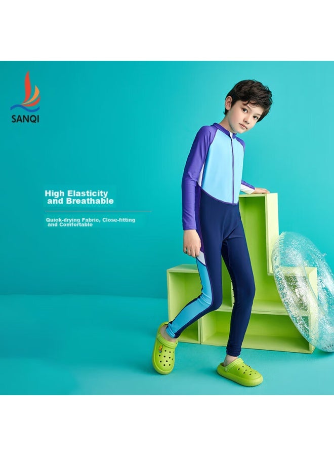 Sanqi Children's Swimsuit, Boys' One-piece Long-sleeve And Long Pants, Snorkeling Swimwear, B2216, Navy Blue, XL - Image 3