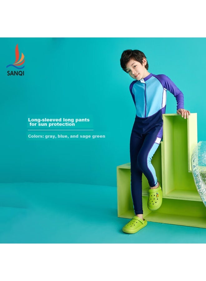 Sanqi Children's Swimsuit, Boys' One-piece Long-sleeve And Long Pants, Snorkeling Swimwear, B2216, Navy Blue, XL - Image 1