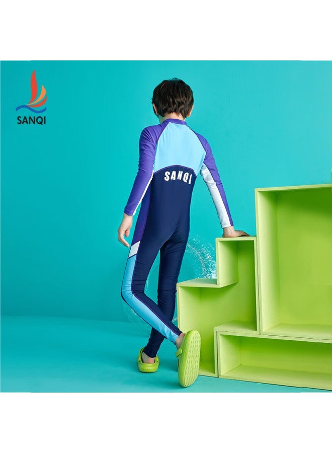 Sanqi Children's Swimsuit, Boys' One-piece Long-sleeve And Long Pants, Snorkeling Swimwear, B2216, Navy Blue, XL - Image 5