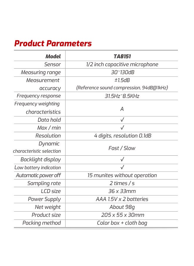 TASI TA8151 Digital Sound Level Meter SLM Household Noise Tester Professional High-Precision Noise Tester Handheld Sound Detector Decibel Monitor 30-130dB Acoustic Measurement Instrument  - Image 5