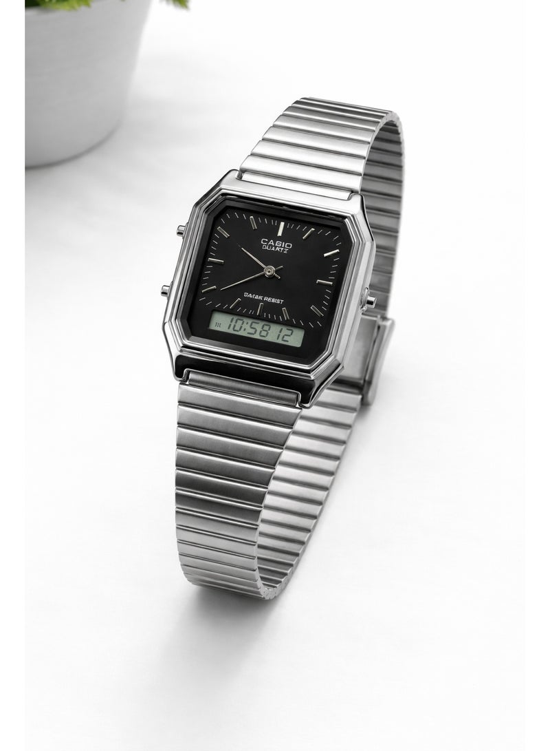 ساعة كاسيو فينتج تناظري ورقمي بسوار ستانلس ستيل فضي وقرص أسود – مقاومة للماء – للجنسين