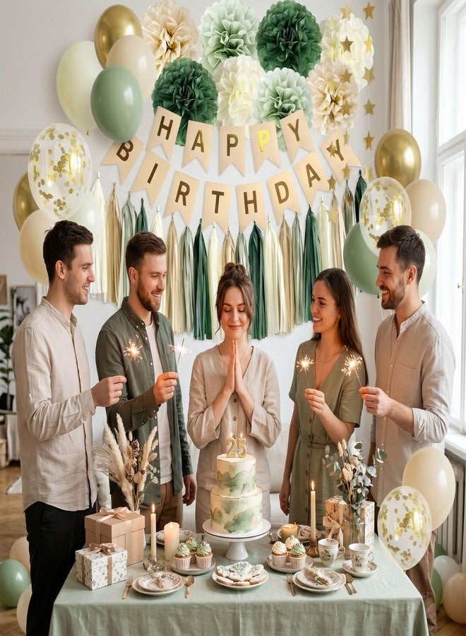 ANSOMO زينة حفلات عيد ميلاد سعيد من أنسومو، لون أخضر حكيم، ألوان ريترو، أخضر، بيج، عاجي، زيتوني داكن، لافتة ورق كرافت، بالونات، ألوان محايدة، ريفية، بوهيمية، وردي فاتح، سفاري، نباتات خضراء، لوازم ديكور برية، للنساء والبالغات - Image 4