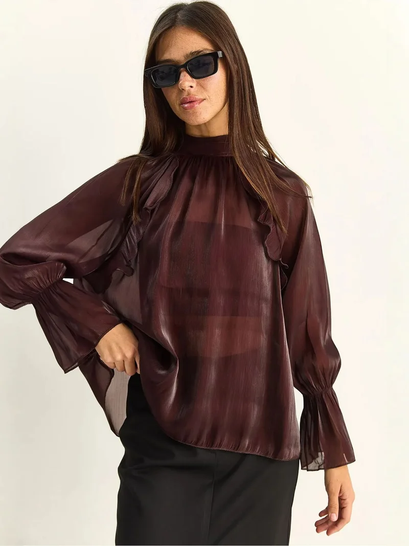 بيانكو لوتشي LUCCI Frilly Mandarin Collar Button-Up Shirt