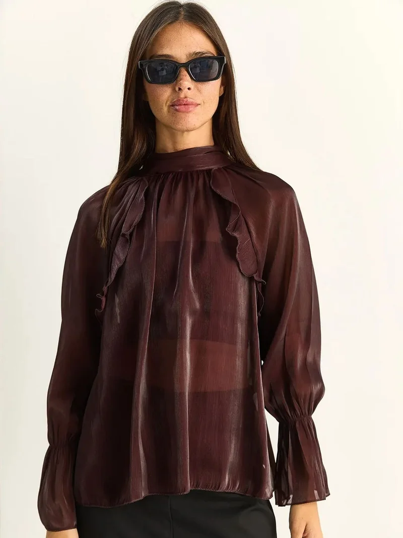 بيانكو لوتشي LUCCI Frilly Mandarin Collar Button-Up Shirt