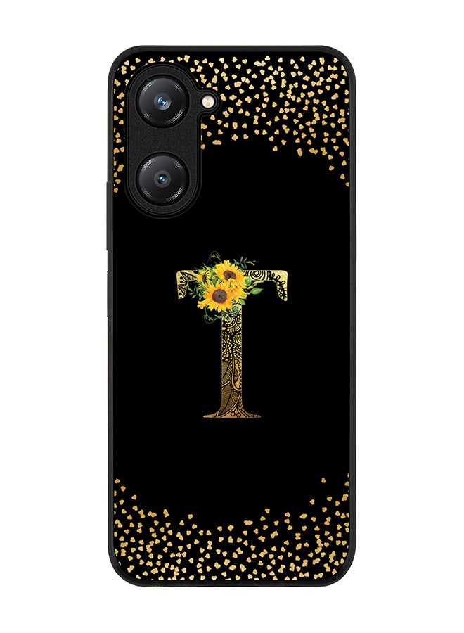 Stylizedd حافظة حواف سوداء متينة لهاتف Vivo Y28s 5G / Vivo Y18 4G / Vivo Y03 4G - حرف مونوغرام مخصص بنمط زهور - T (أسود) - Image 1