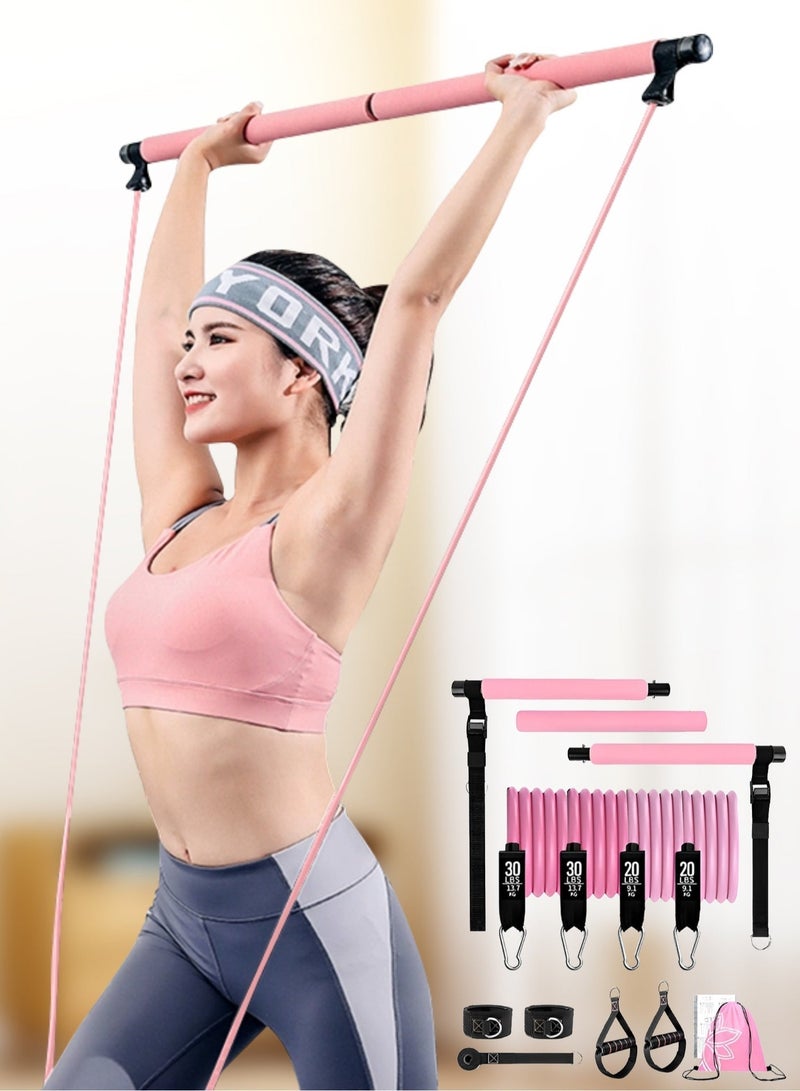 Pilates Set, Multifunctional Yoga Pilates Bar with 4 Resistance Bands, 3 Section Pilates Bar, Stackable Resistance Bands for Legs, Butt, Waist and Arm Exercises, Portable Home Gym Pilates Resistance Bar Set, Unisex Fitness Equipment. (Pink) - Image 1