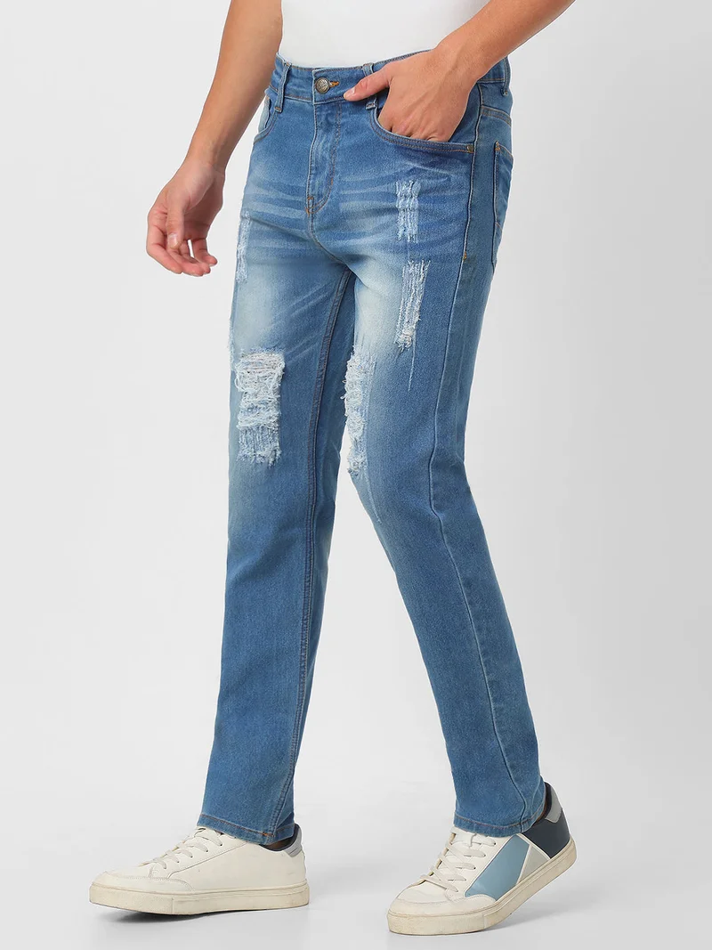 Urbano Fashion  Urbano Fashion Men's Light Blue Slim Fit Heavy Distressed/Torn Jeans  | Best Price UAE