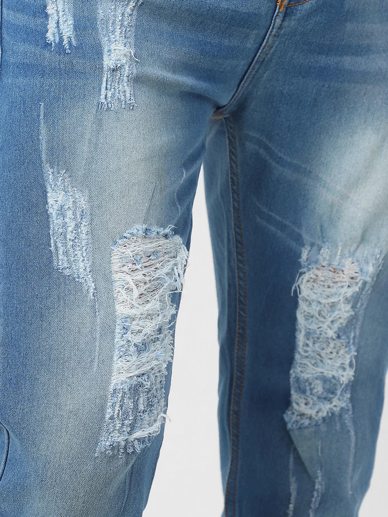 Urbano Fashion  Urbano Fashion Men's Light Blue Slim Fit Heavy Distressed/Torn Jeans  | Best Price UAE