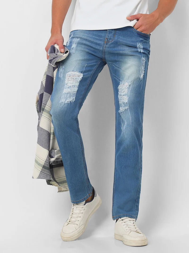 Urbano Fashion Men's Light Blue Slim Fit Heavy Distressed/Torn Jeans