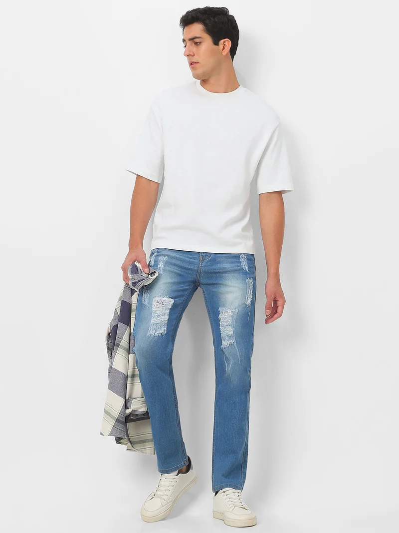 Urbano Fashion  Urbano Fashion Men's Light Blue Slim Fit Heavy Distressed/Torn Jeans  | Best Price UAE