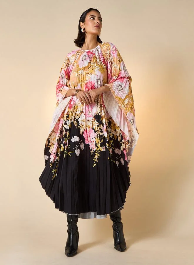 2Xtremz 2Xtremz Floral Print Midi Kaftan Dress with 3/4 Sleeves