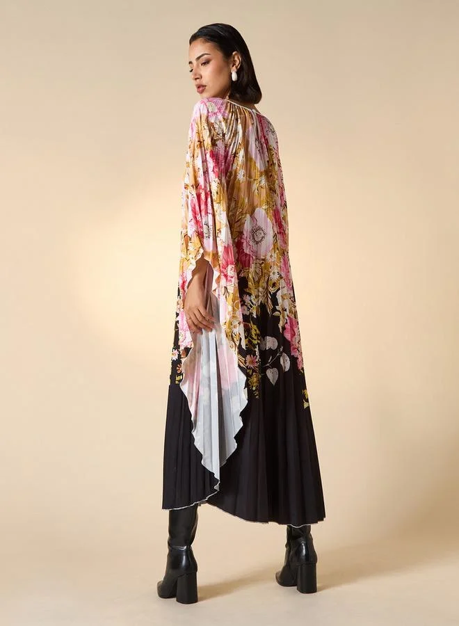 2Xtremz 2Xtremz Floral Print Midi Kaftan Dress with 3/4 Sleeves