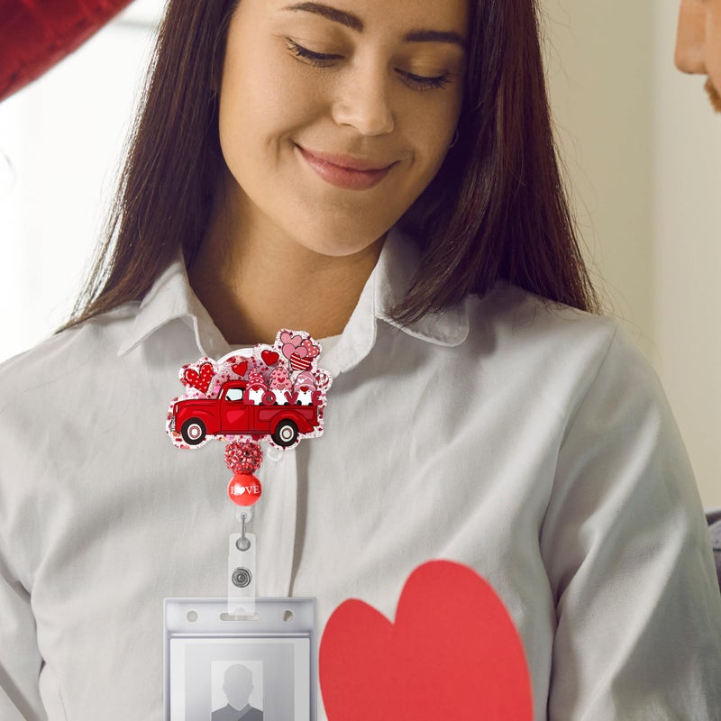 AFRITEE Valentine's Day Badge Reel Retractable - Red Car Gnome Love Nurse Name Badge Holder Holiday Gift for Girlfriend, Love Balloon Acrylic Retractable Badge Reel with Alligator Clip Holiday Gift for Women - Image 5