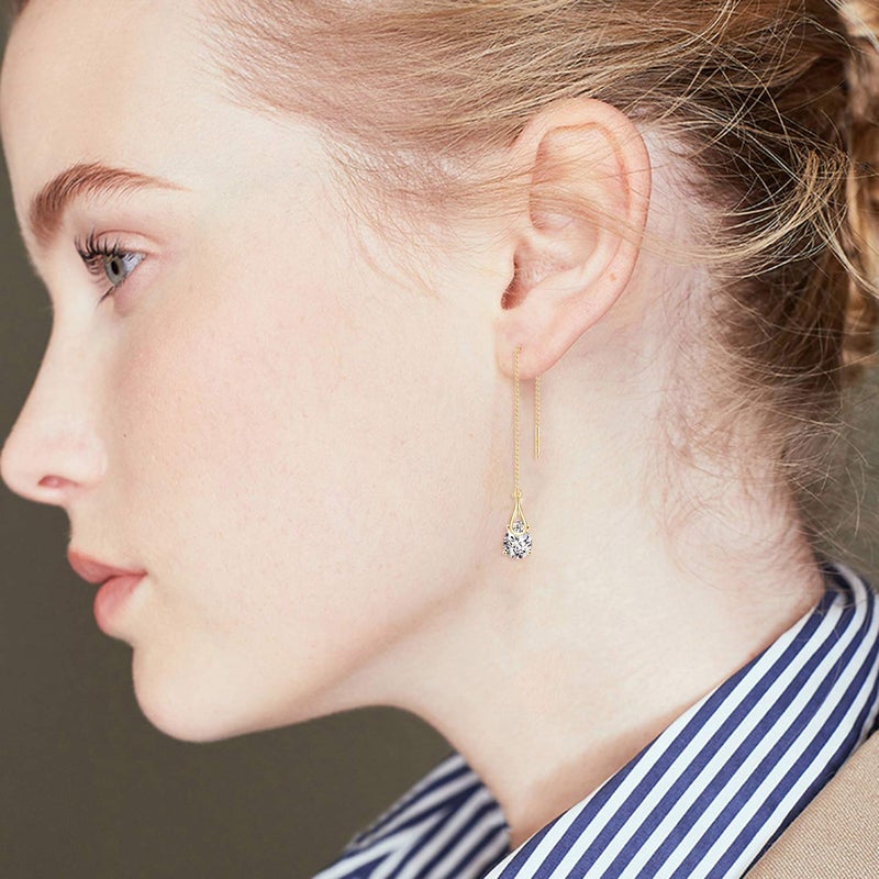 POPLYKE Gold Plated Threader Earrings Sterling Silver Teardrop Drop Pull Through Threader Earrings with Cubic Zirconia - Image 2