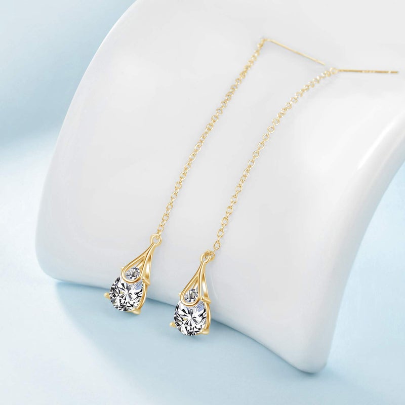 POPLYKE Gold Plated Threader Earrings Sterling Silver Teardrop Drop Pull Through Threader Earrings with Cubic Zirconia - Image 4