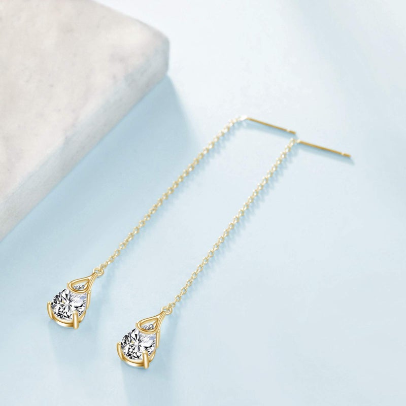 POPLYKE Gold Plated Threader Earrings Sterling Silver Teardrop Drop Pull Through Threader Earrings with Cubic Zirconia - Image 5
