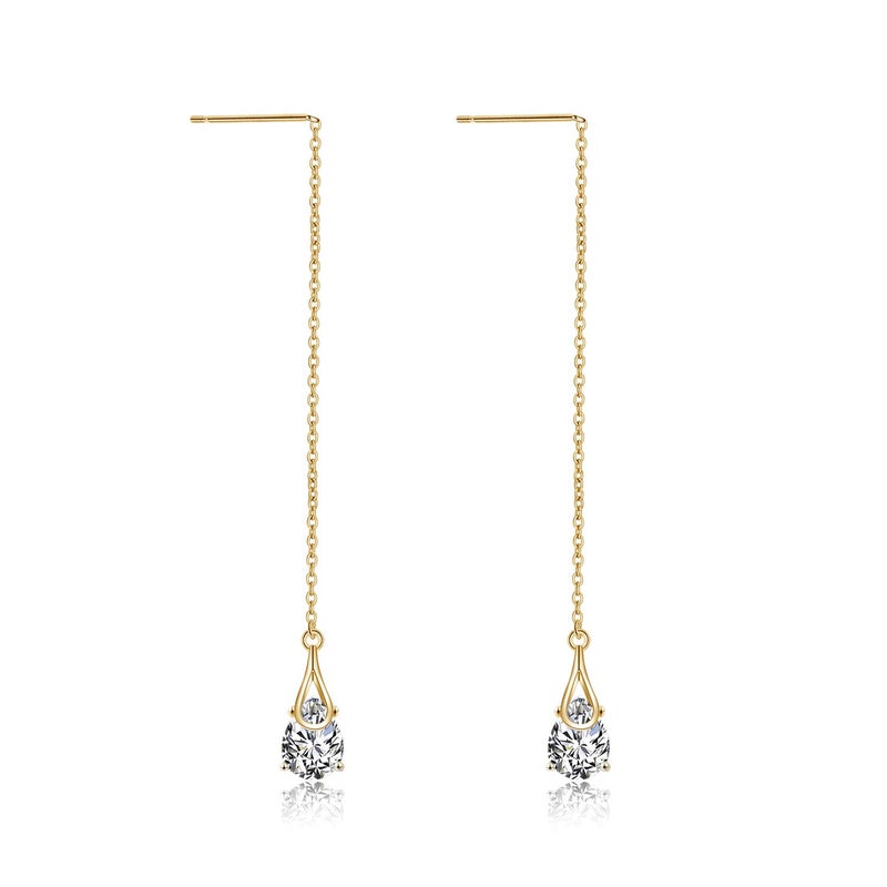 POPLYKE Gold Plated Threader Earrings Sterling Silver Teardrop Drop Pull Through Threader Earrings with Cubic Zirconia - Image 1